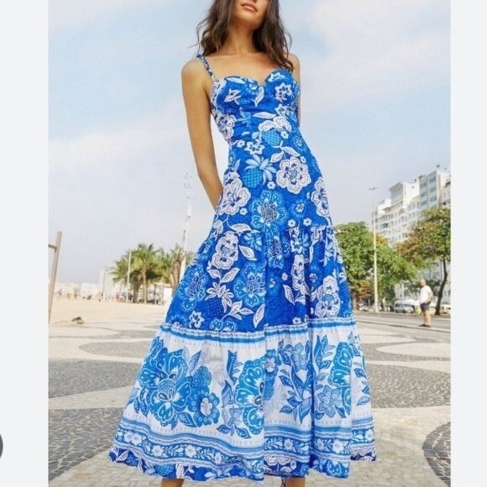 Farm Rio Blue Full Of Flowers Organic Cotton Midi Dress Garden Party | Size XL - Picture 4 of 5
